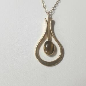 Vintage Avon 1/20 14K Tiger Eye Teardrop Pendulum Pendant Necklace Signed Retro